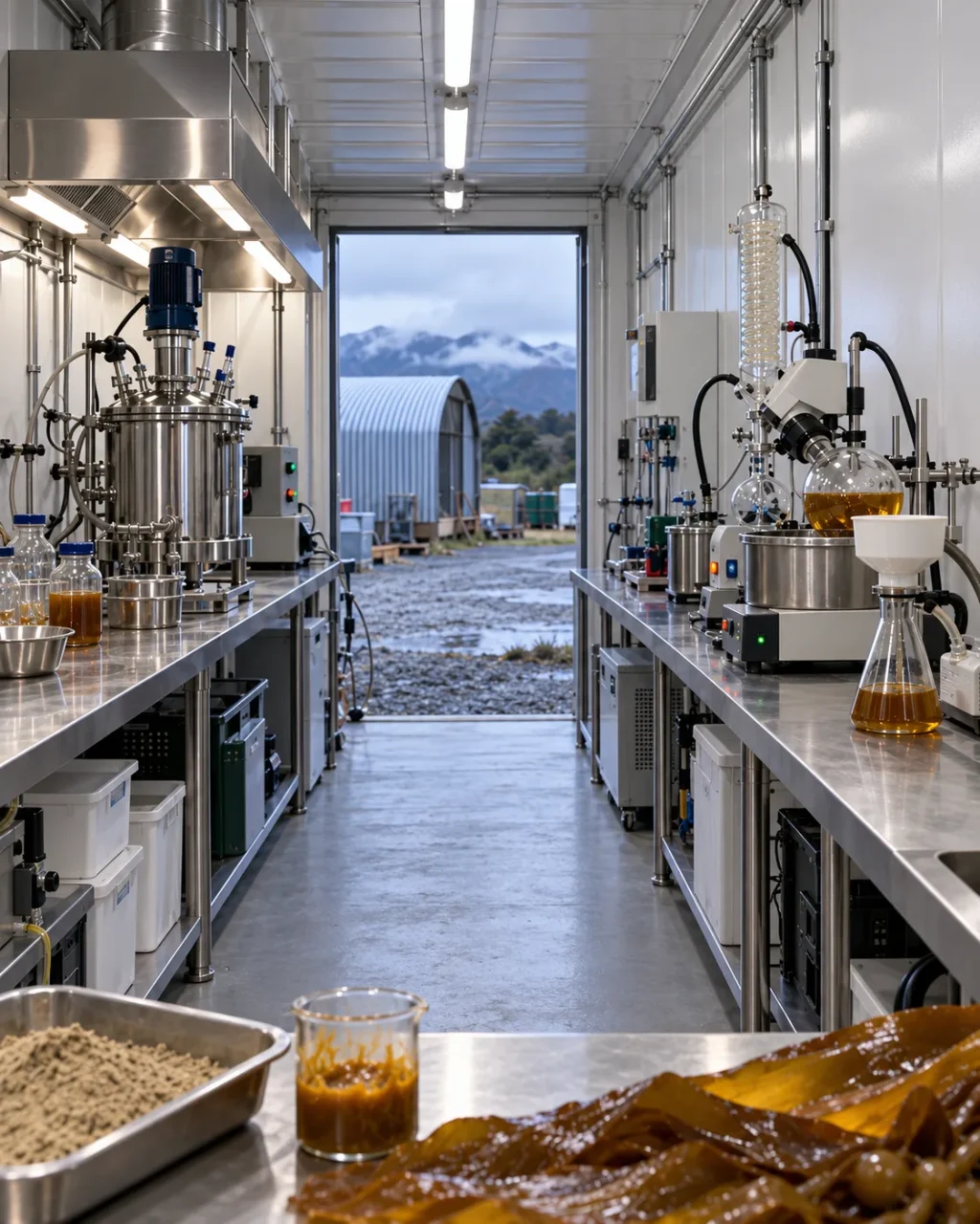 Processing lab with reactors and kelp extracts, and seaweed blades on the bench