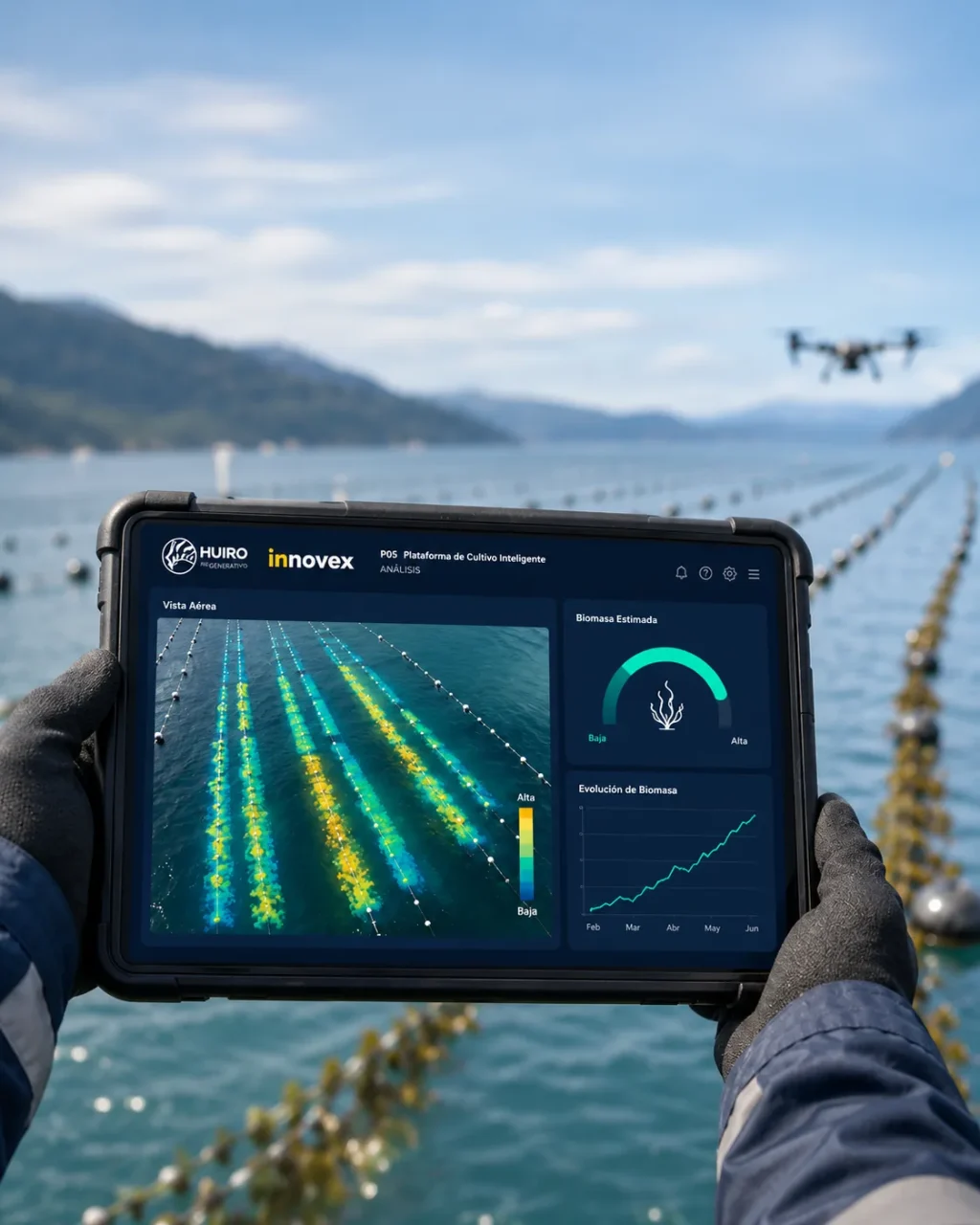 Tablet showing the Huiro and Innovex monitoring platform over the farming lines, with a drone flying over the sea