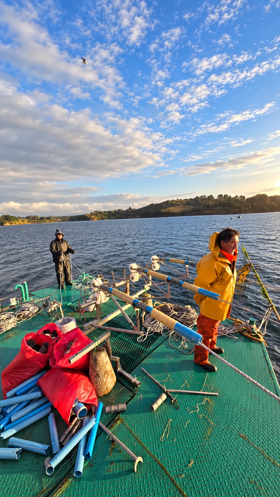 Two people working on a farming platform at sea at sunset, with seeding equipment on deck