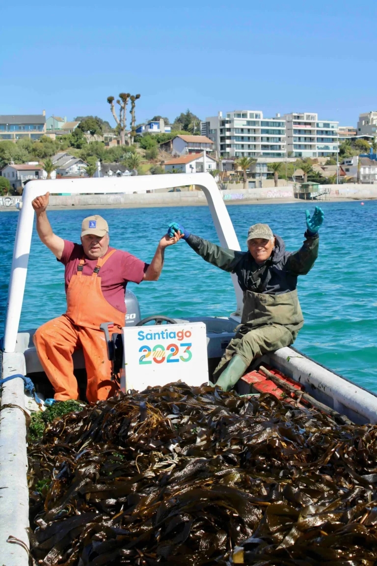 Dos pescadores celebran en una lancha cargada de algas frente a la costa