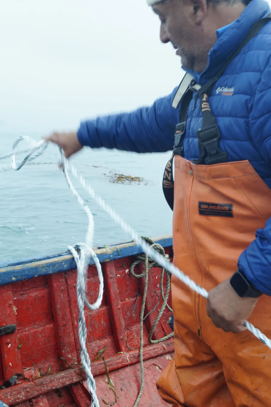 Manos recogiendo la cuerda de cultivo desde un bote rojo