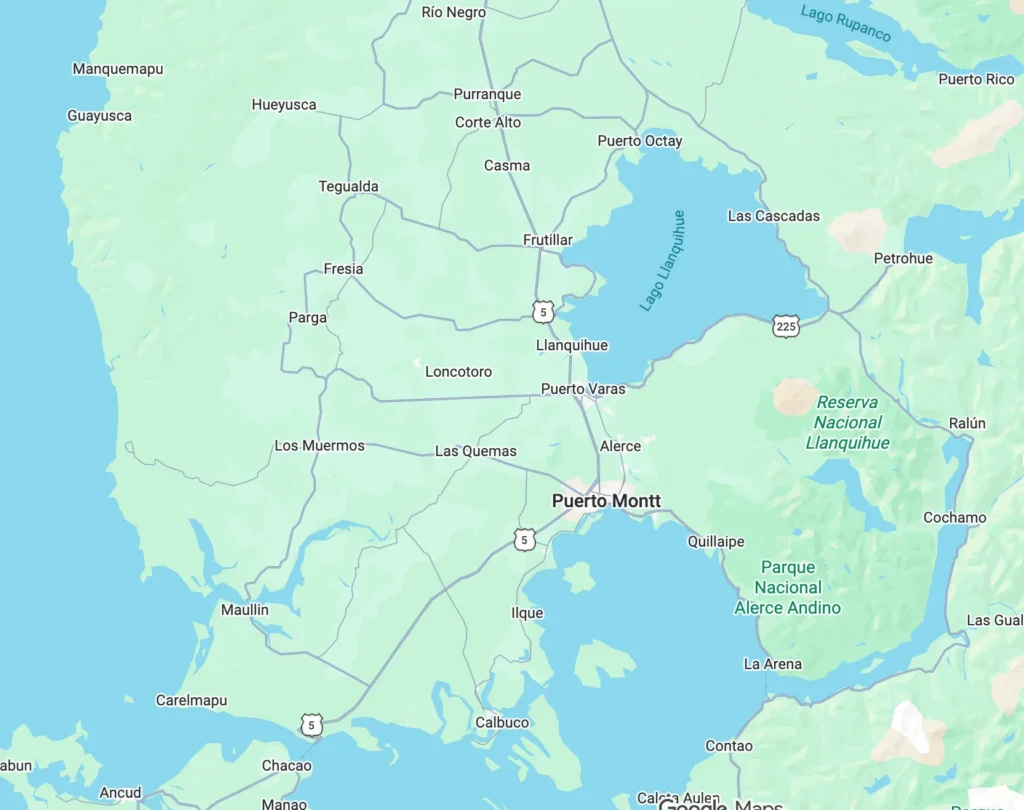 Mapa de la Región de Los Lagos, en el sur de Chile, con Puerto Montt y Chiloé