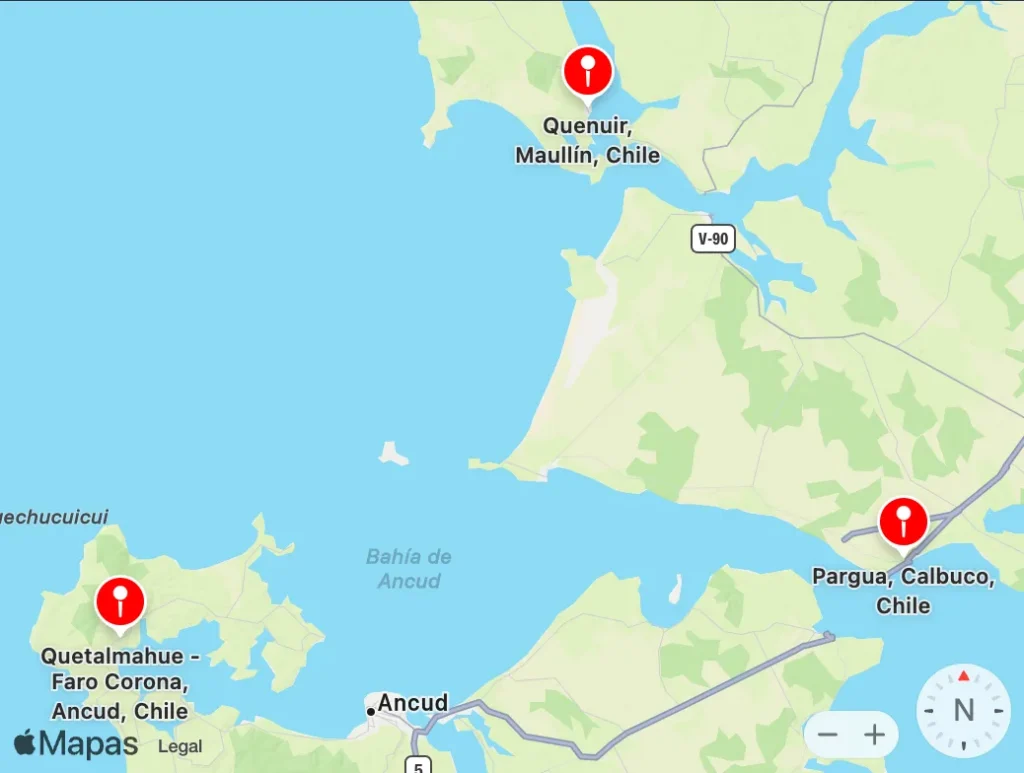 Mapa del canal de Chacao con las tres localidades caracterizadas: Quenuir, Faro Corona y Pargua