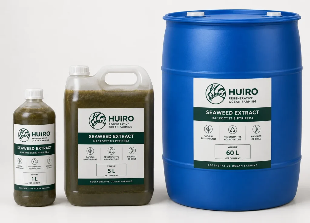 Botella, bidón y tambor de extracto de huiro con la marca Huiro