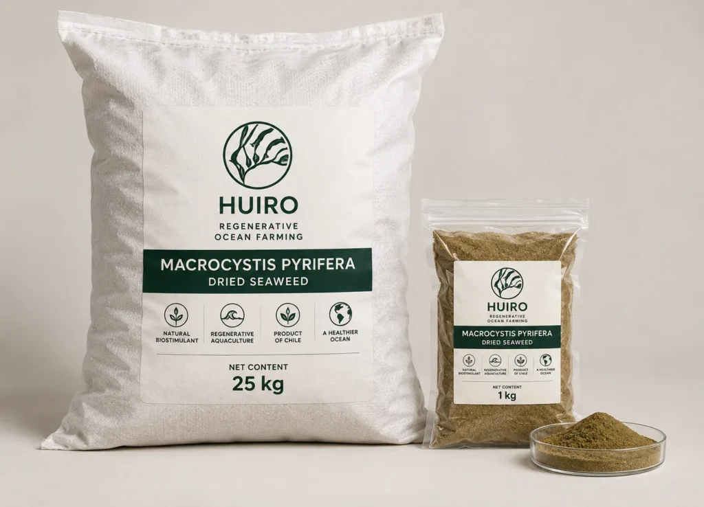 Saco de 25 kg y bolsa de huiro en polvo con la marca Huiro