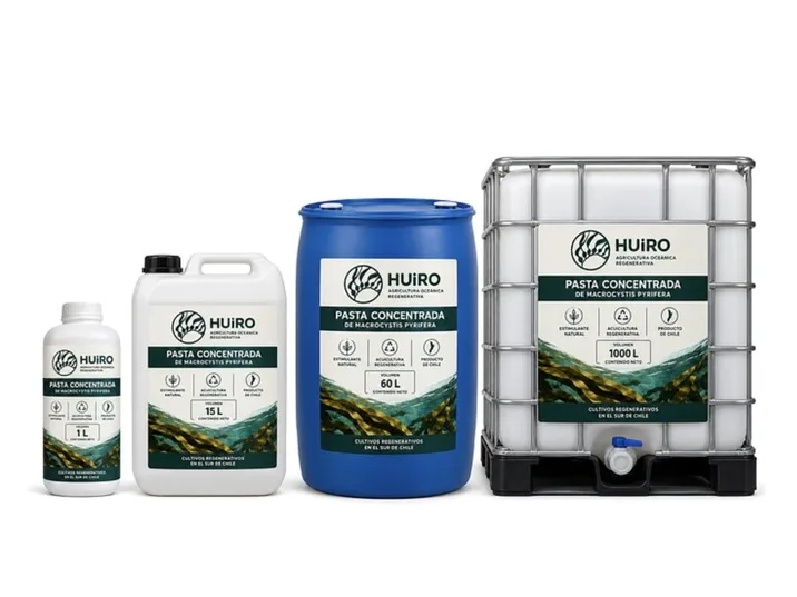 Huiro Regenerativo Kelp Paste formats: 1 L bottle, 15 L jerrycan, 60 L drum and 1,000 L container